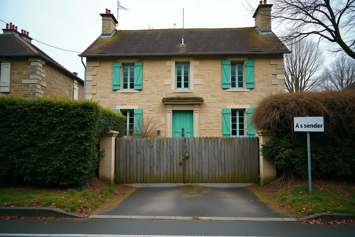 Maison familiale en indivision avec panneau à vendre visible, propriété en attente de décision entre héritiers