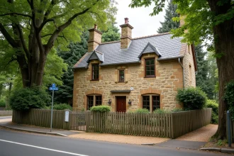 Maison normande à colombages avec panneau à louer dans une rue calme de l'Eure près de Rouen