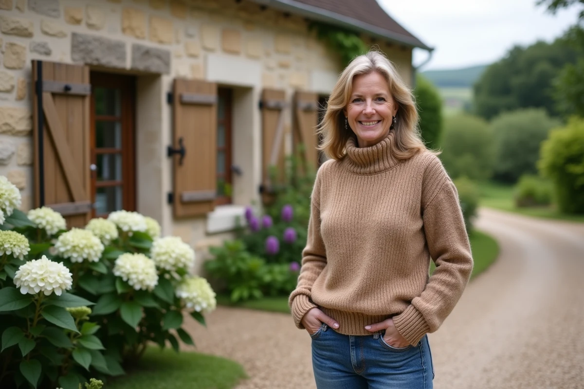 Femme souriante devant une ferme normande restaurée