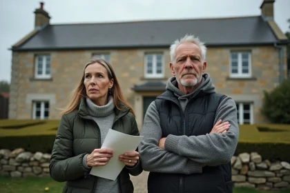 Couple devant une maison normande à vendre dans la Manche en situation de divorce urgent
