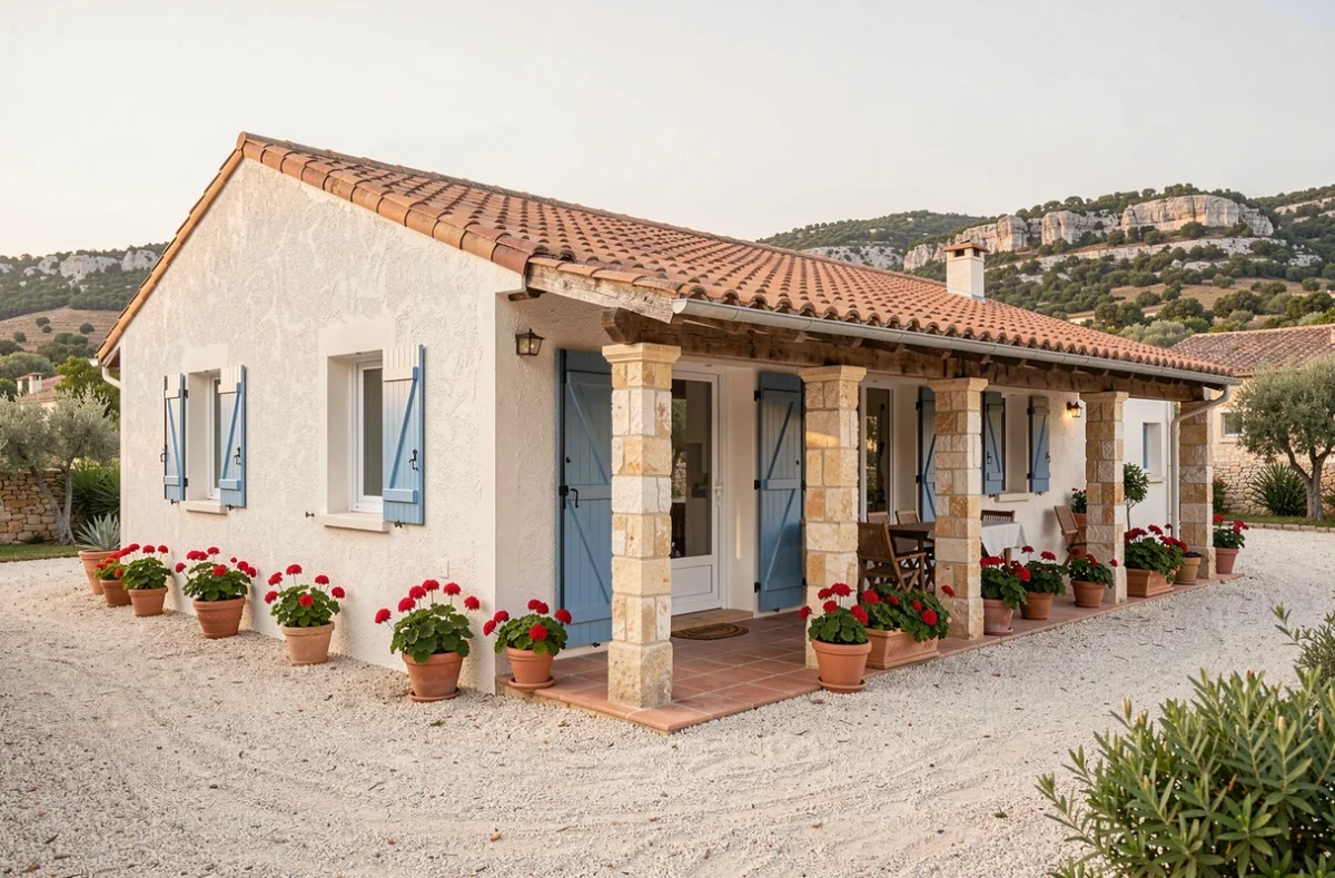 Maison de plain-pied construite par Maisons Lacin dans le Gard, avec volets bleus, terrasse couverte et jardin en gravier
