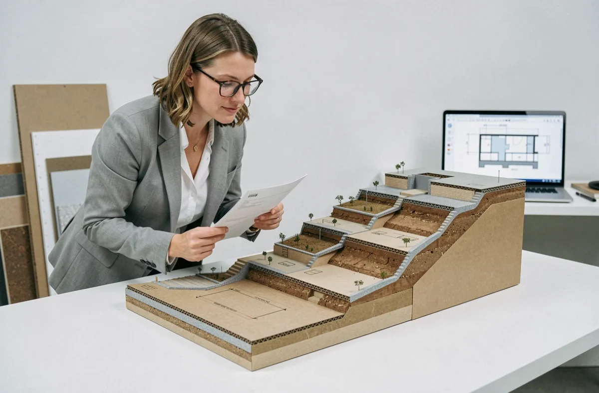 Maquette architecturale en coupe d'un projet de construction sur terrain en pente étudiée par une urbaniste