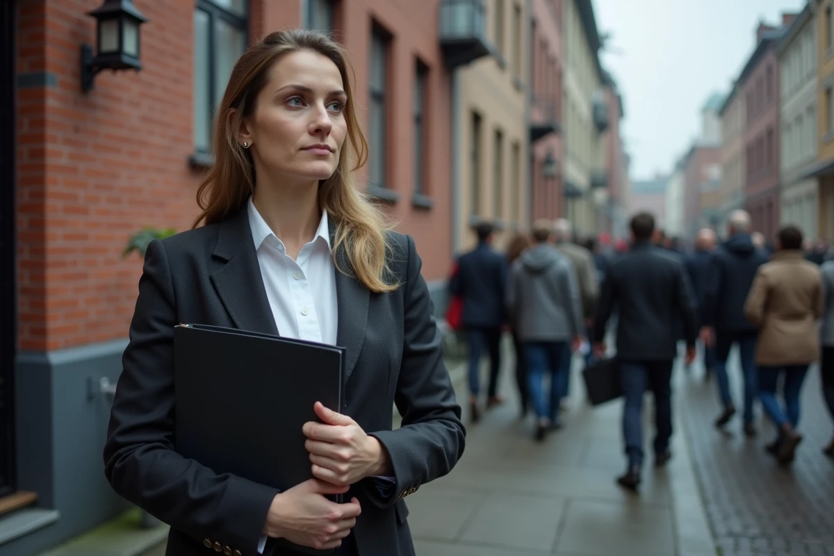 Femme faisant face à la compétition du marché locatif berlinois, attendant parmi d'autres candidats devant un immeuble