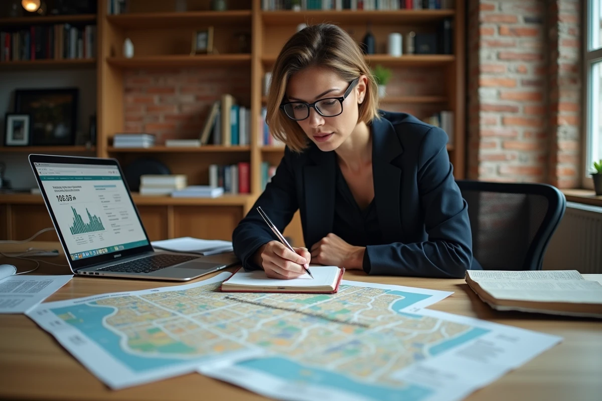 Femme étudiant le marché locatif berlinois avec des statistiques de loyers et une carte des quartiers de Berlin