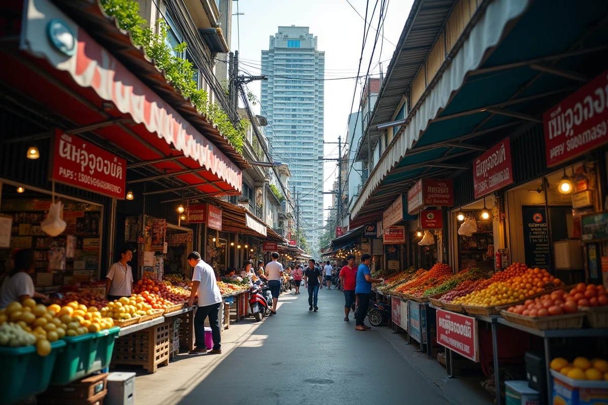 Ruelle animée avec marché de rue et nouveau bâtiment de condominiums en arrière-plan près d'une station BTS à Bangkok