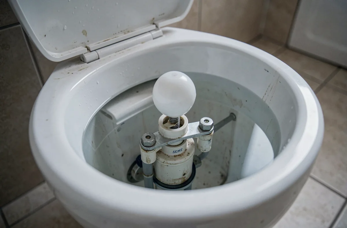 Gros plan sur le mécanisme de robinet flotteur à l'intérieur d'un réservoir de chasse d'eau