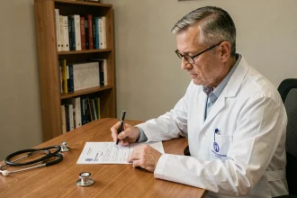 Médecin généraliste remplissant un certificat médical pour préavis réduit à son bureau de consultation
