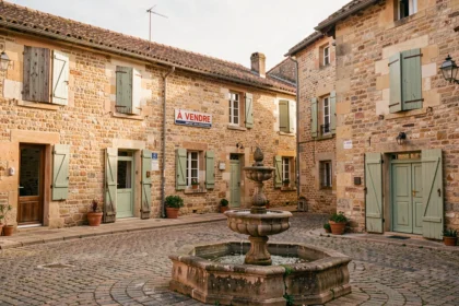 Vue panoramique d'un village typique du Gers avec des biens immobiliers à vendre, illustrant le marché immobilier local