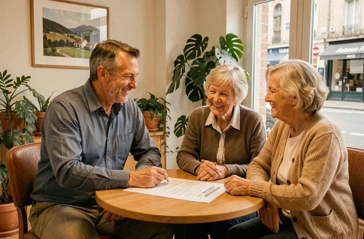 Agent de Mon Agence Immobilière présentant une estimation à un couple dans un bureau accueillant en Haute-Loire