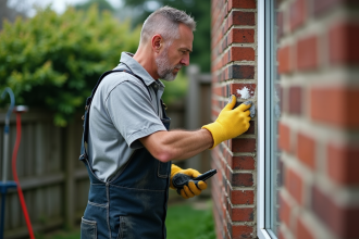 Hommes en overalls nettoyant un mur en brique extérieur