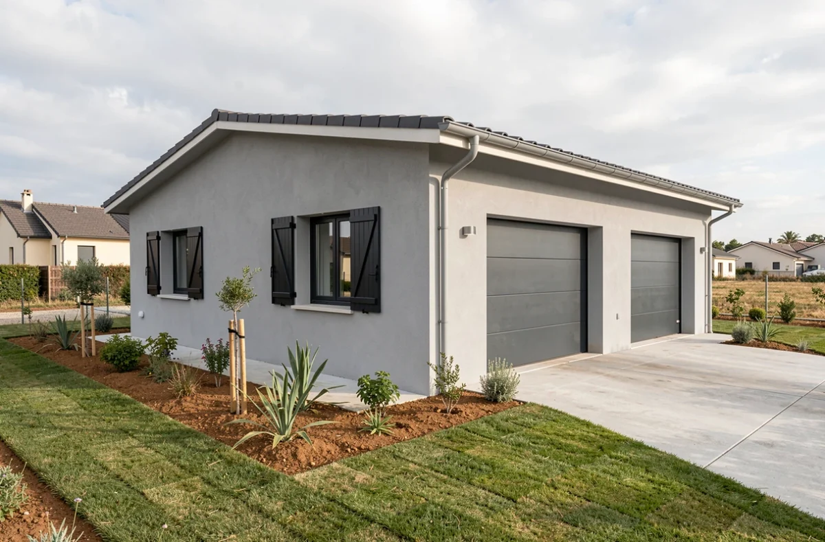 Maison contemporaine réalisée par Niel Bâtiment dans le Gard, avec façade grise, volets anthracite et double garage