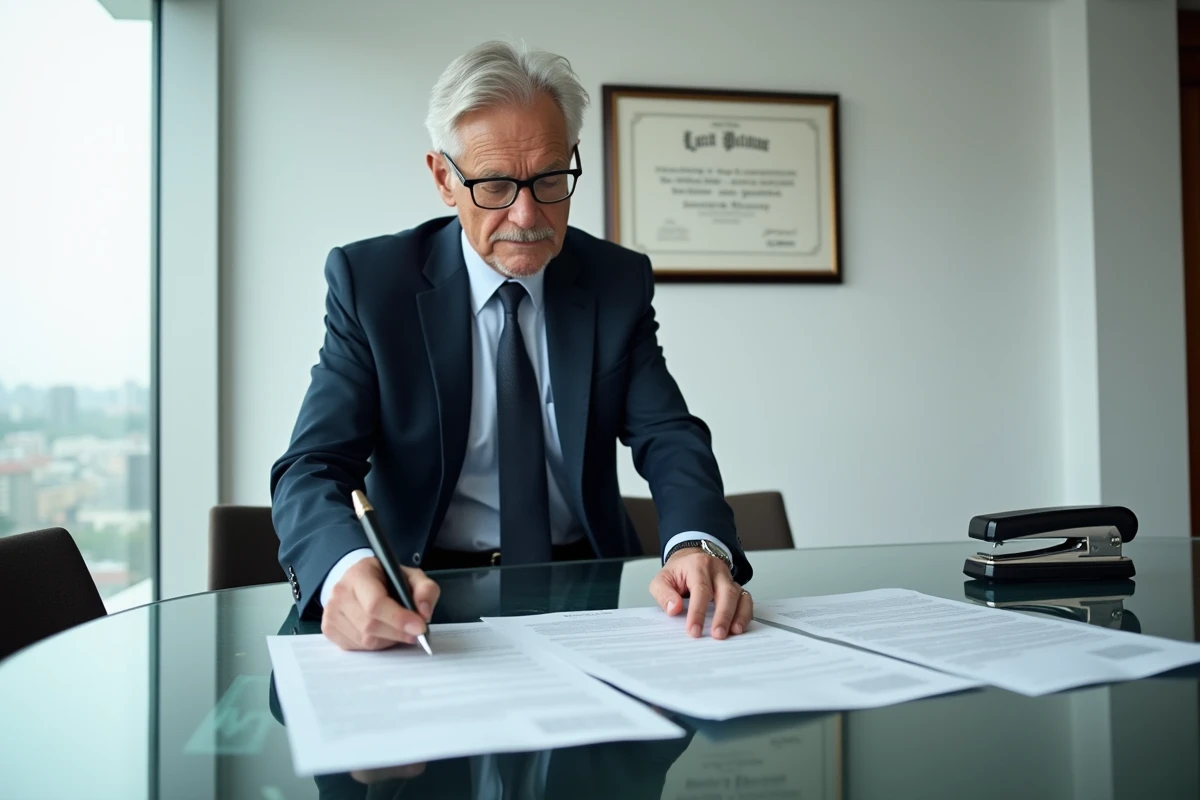 Notaire présentant les documents du pré-état daté lors d'une vente immobilière en bureau