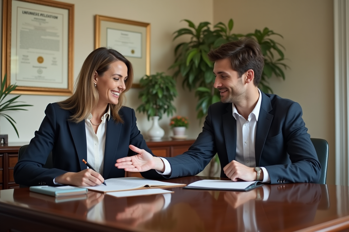 Notaire en costume bleu offrant un document à un client dans un bureau