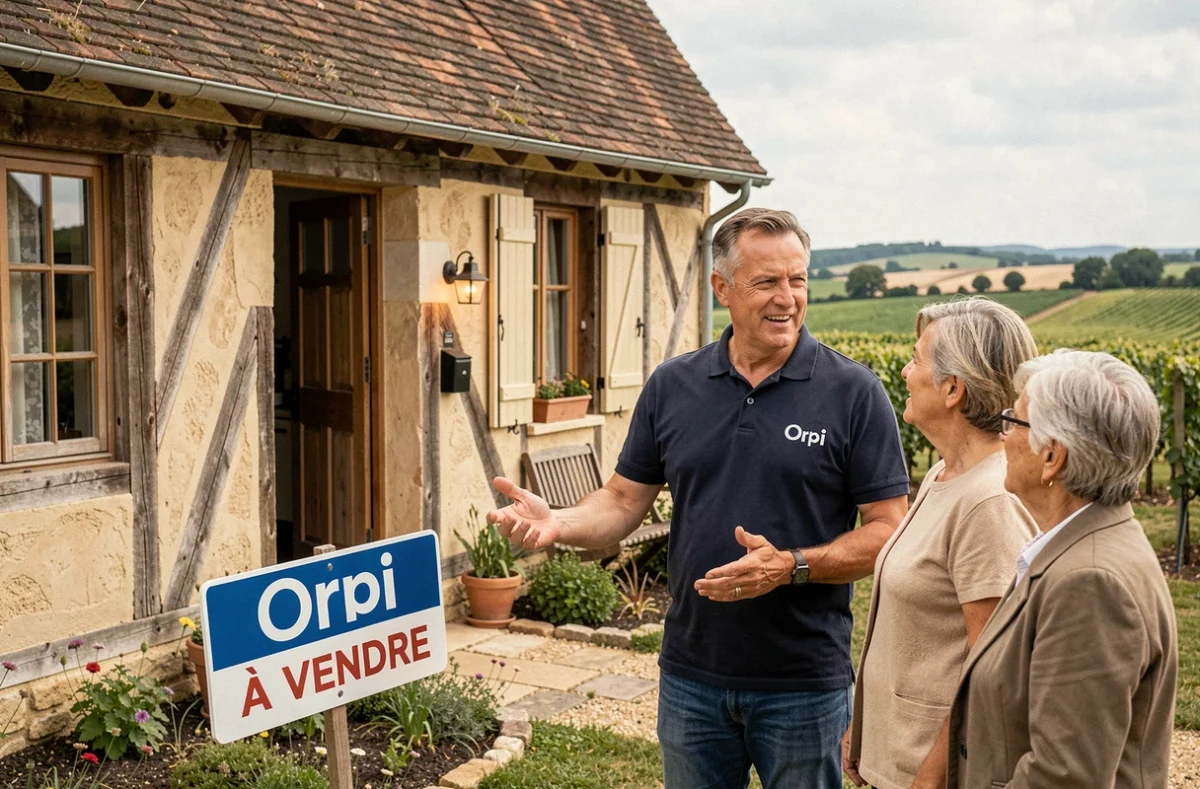 Agent Orpi Gers présentant une propriété gasconne à colombages à vendre à un couple dans la campagne gersoise