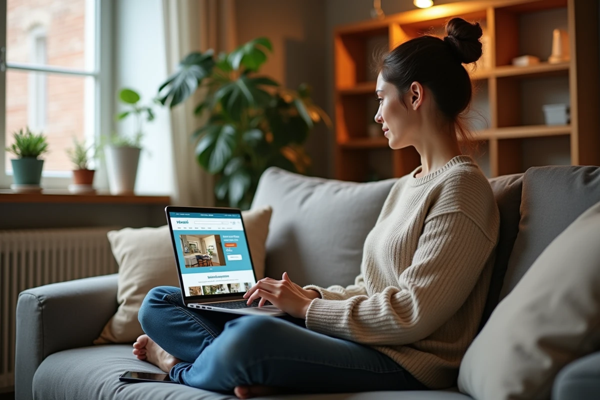 Femme utilisant des plateformes de recherche en ligne comme ImmobilienScout24 pour trouver un appartement à Berlin