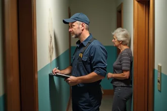 Plombier homme examine une tache d'humidite dans un couloir