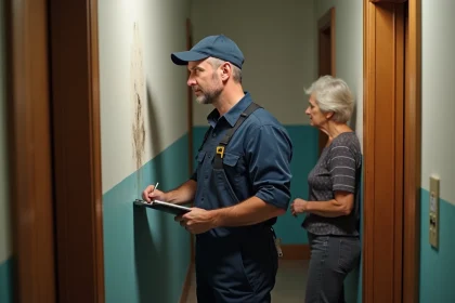 Plombier homme examine une tache d'humidite dans un couloir