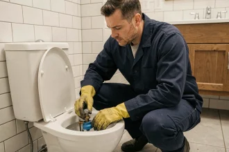 Plombier inspectant le robinet flotteur d'une chasse d'eau dans une salle de bain carrelée