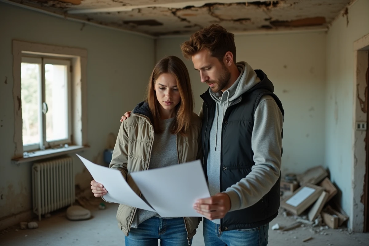Couple de primo-accédants inspectant l'intérieur dégradé d'une maison abandonnée à rénover dans le Nord