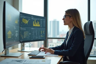 Professionnelle de l'immobilier analysant des données sur un logiciel immobilier sur grand écran dans un bureau moderne avec vue sur la ville
