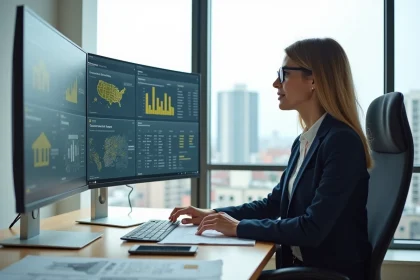 Professionnelle de l'immobilier analysant des données sur un logiciel immobilier sur grand écran dans un bureau moderne avec vue sur la ville