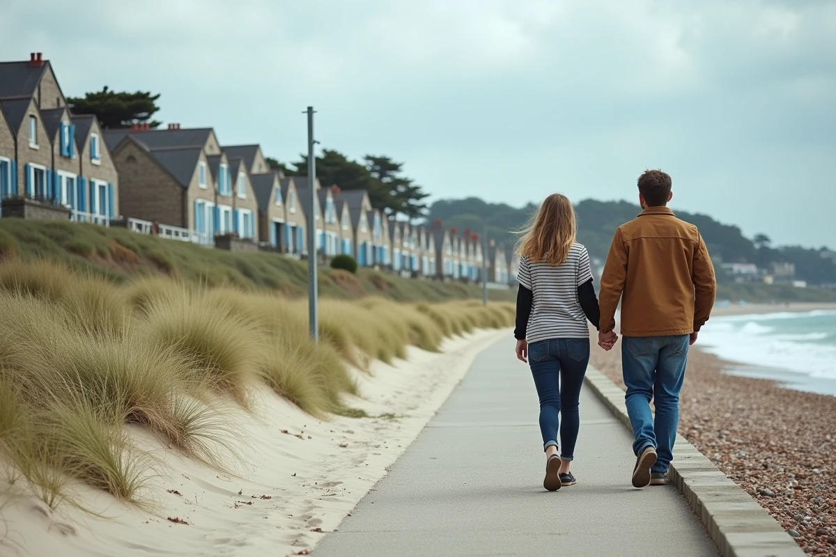 Couple se promenant sur la promenade bord de mer face aux appartements de Concarneau