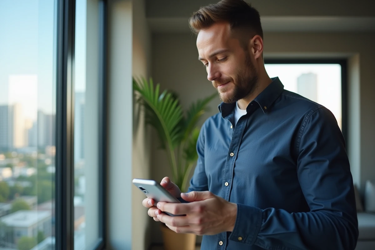 Propriétaire consultant l'application de gestion locative My Foncia sur smartphone depuis son appartement en ville
