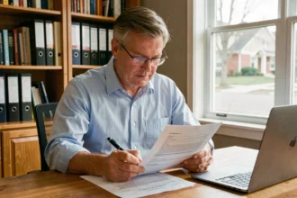 Propriétaire bailleur examinant un contrat d'assurance habitation pour son bien locatif à son bureau
