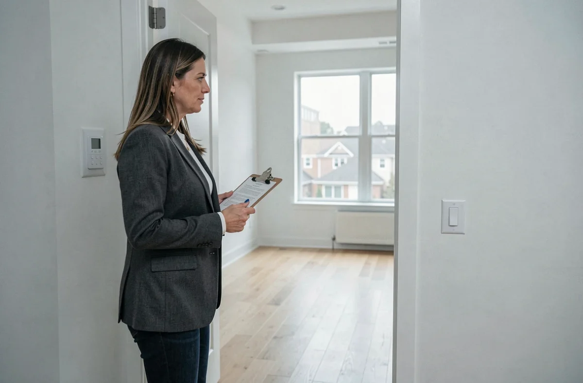Propriétaire bailleuse inspectant un appartement vide avant la mise en location avec documents d'assurance