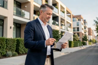 Propriétaire non occupant devant un immeuble résidentiel consultant ses documents d'assurance