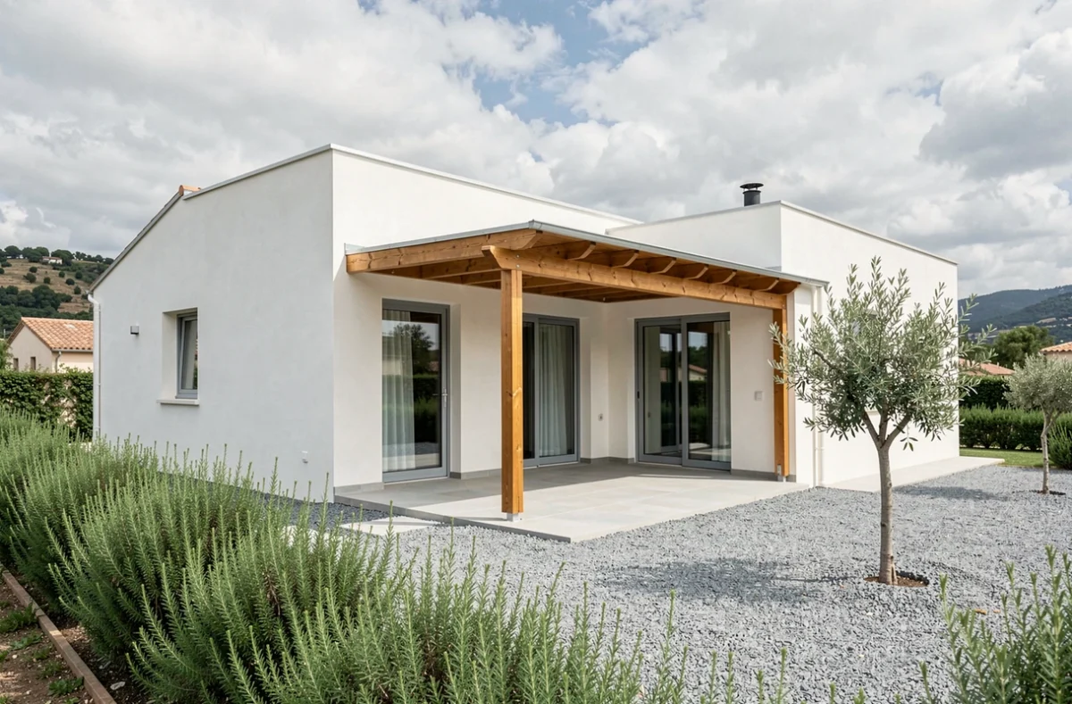 Maison individuelle construite par Provibat dans le Gard, avec façade blanche et pergola bois sur une parcelle paysagée