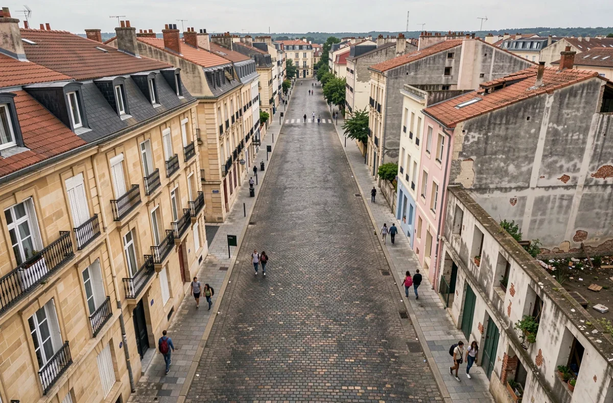 Vue urbaine d'un quartier contrasté de Bordeaux montrant la frontière entre zones étudiantes et secteurs dégradés