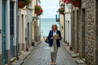 Rue pavée du quartier historique de Concarneau avec vue sur la mer et femme se promenant