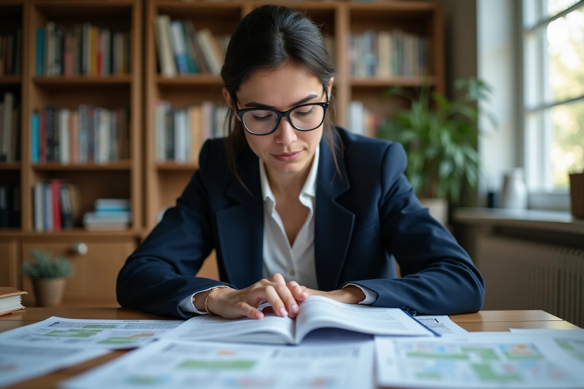 Femme consultant des documents officiels de vente immobilière et des plans cadastraux lors d'une recherche de bien d'État