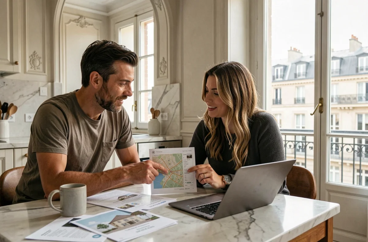 Couple consultant des annonces immobilières pour acheter un logement adapté au télétravail en Île-de-France
