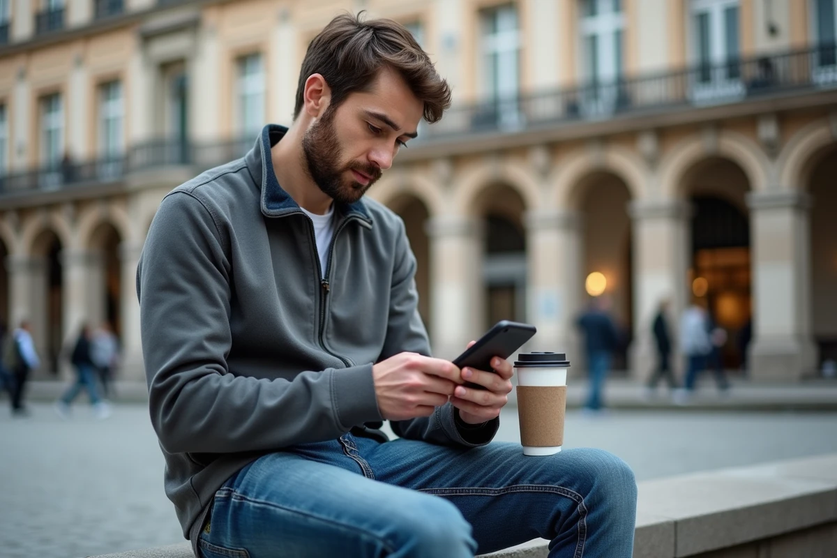 Homme cherchant un appartement en location à Strasbourg sur son smartphone avec des immeubles haussmanniens en arrière-plan