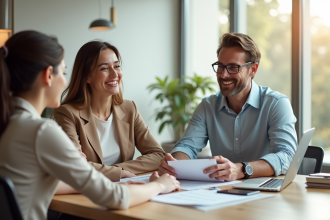 Jeune couple rencontrant un conseiller financier dans un bureau lumineux