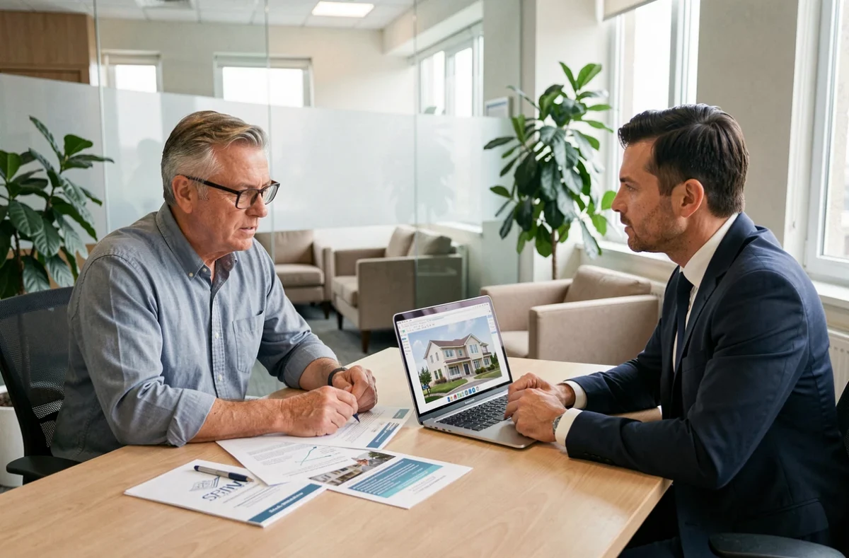 Propriétaire bailleur en rendez-vous avec un conseiller en assurance pour souscrire une assurance non occupant