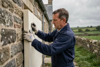 Technicien installant des panneaux d'isolation thermique sur une maison en pierre bretonne dans le Morbihan