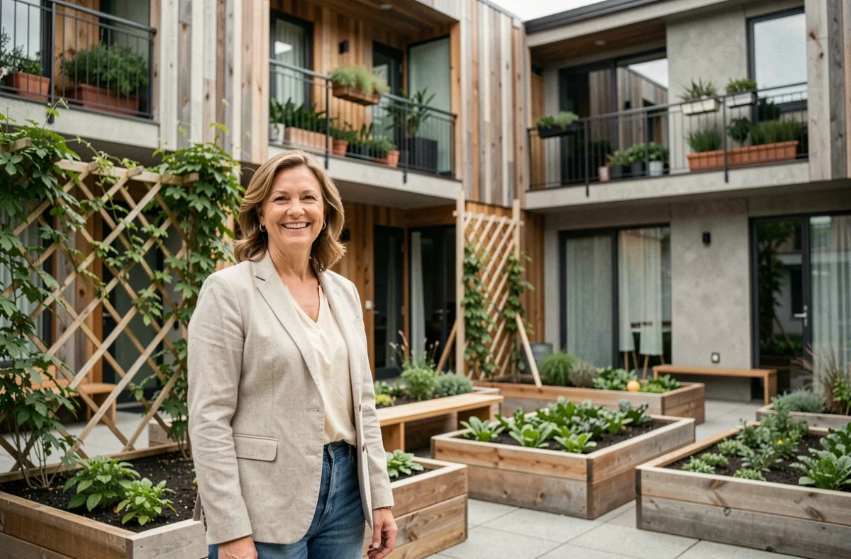 Résidente souriante devant un immeuble d'habitat participatif avec jardin partagé