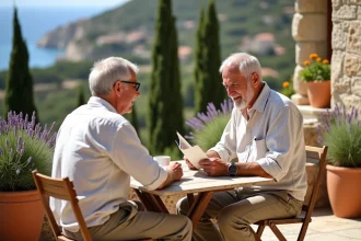 Couple de retraités profitant d'un café en terrasse dans un village corse traditionnel avec vue sur la Méditerranée