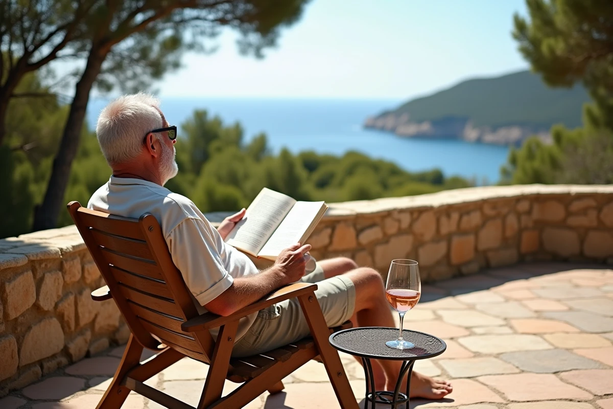 Homme retraité se relaxant sur la terrasse d'une villa corse avec vue mer et verre de rosé