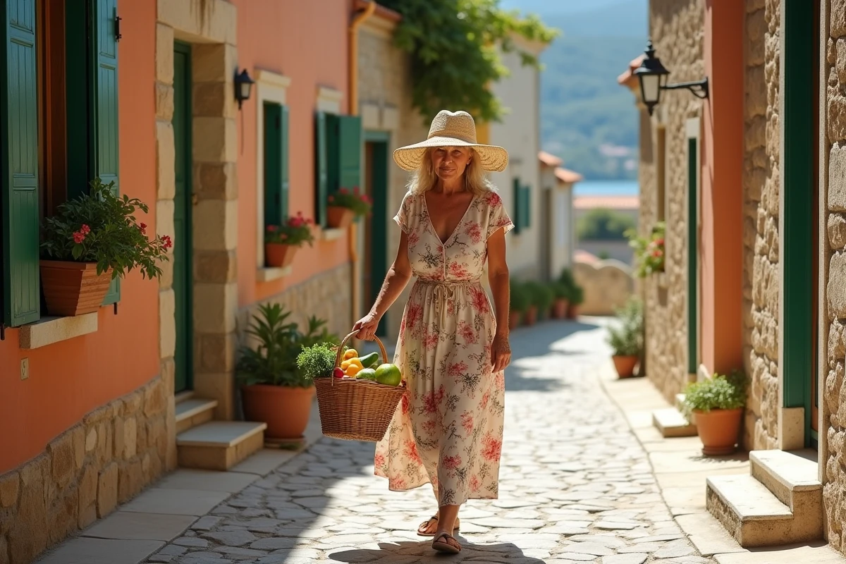 Femme retraitée se promenant dans une rue pavée d'un village corse avec un panier de marché