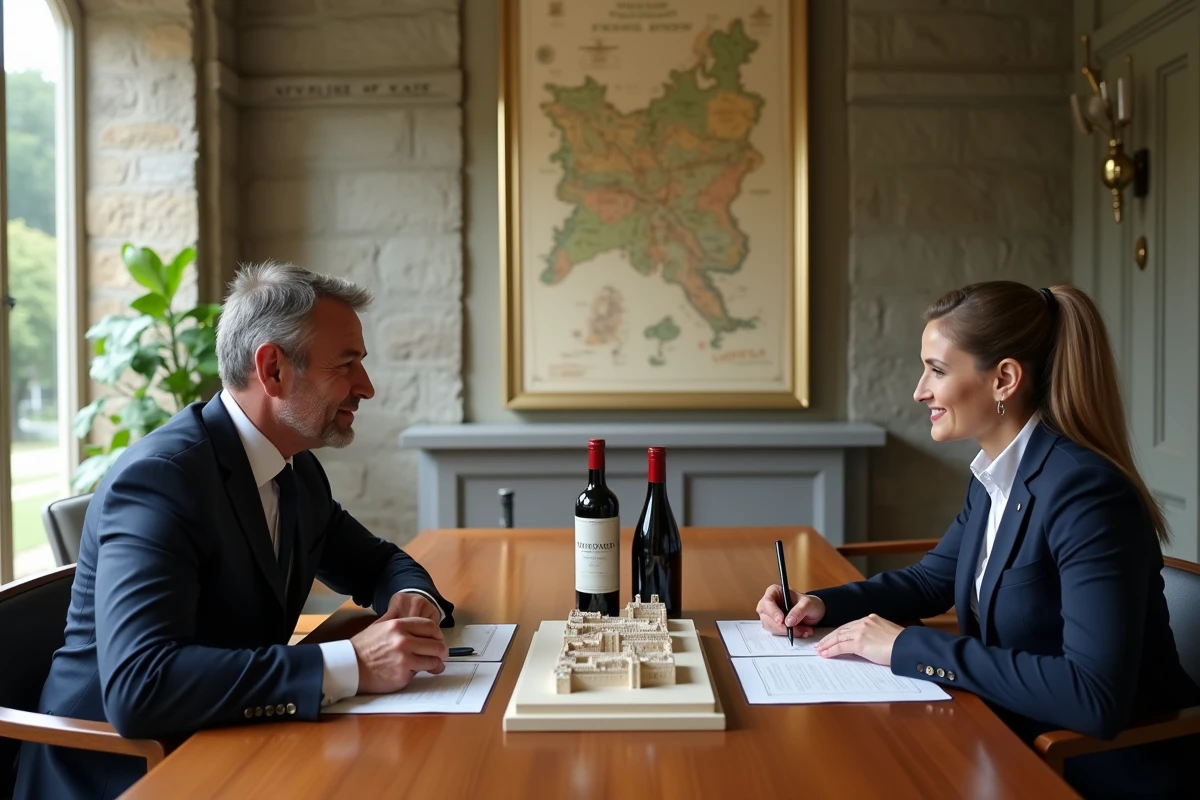 Réunion de financement pour l'achat d'un domaine viticole à Bordeaux entre acheteur et conseiller bancaire