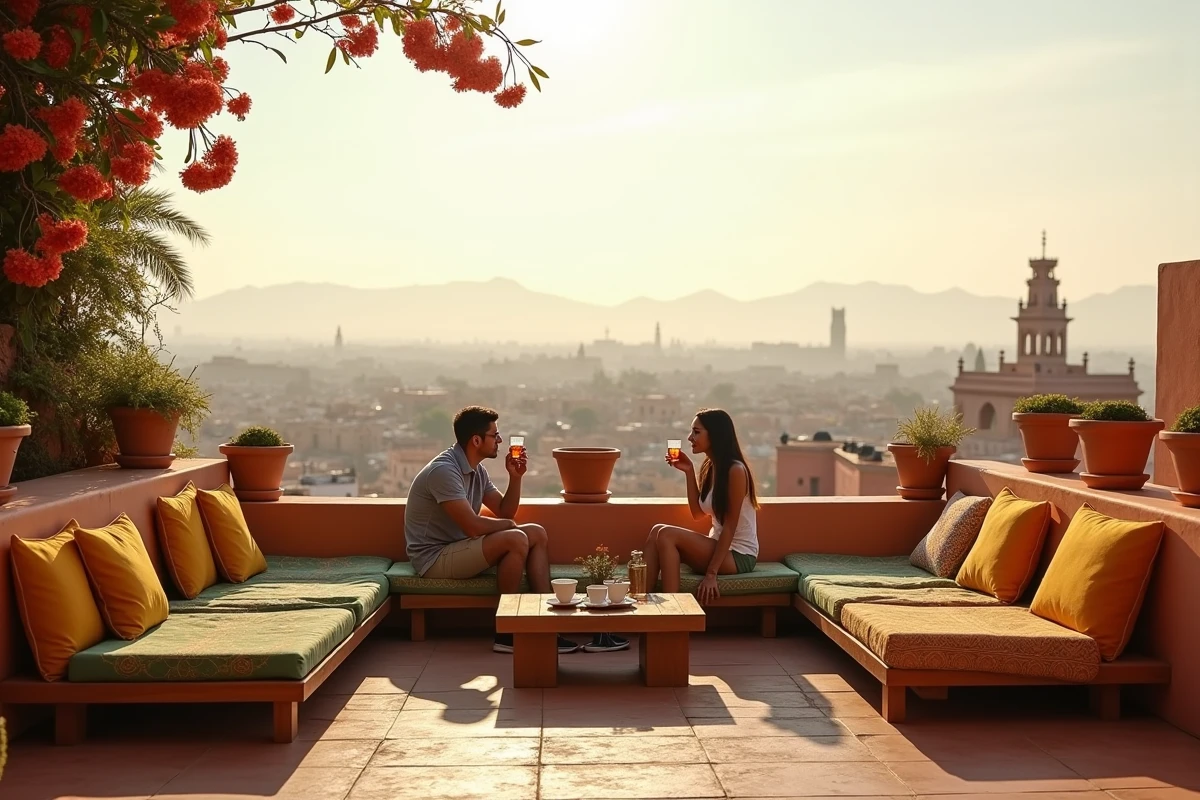 Terrasse de riad clé en main à Marrakech avec vue panoramique sur la médina et l'Atlas