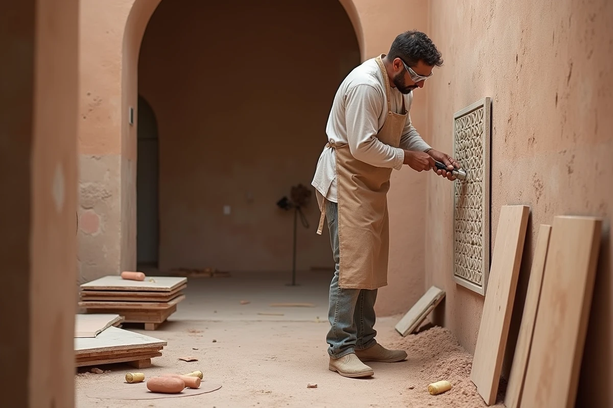 Artisan marocain sculptant un panneau en plâtre lors de la rénovation d'un riad à Marrakech