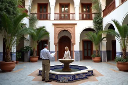 Courtyard d'un riad restauré à Marrakech avec fontaine en zellige et propriétaire étudiant les plans de rénovation