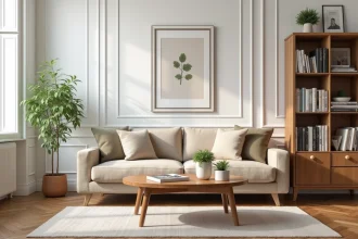 Salon meublé d'un appartement en location avec inventaire complet des meubles visibles : canapé, table basse, bibliothèque et parquet en chevrons