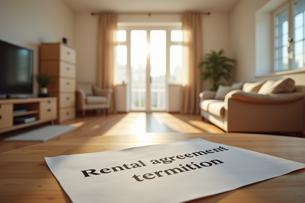 Salon vide avec cartons de déménagement et contrat de location