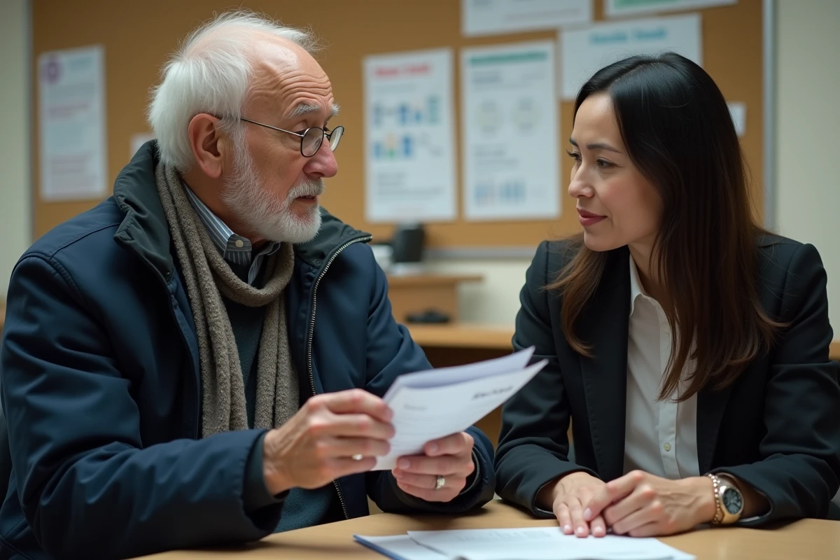 Homme âgé parle avec une assistante sociale en bureau logement